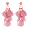 Alloy Acrylic Dangle Stud Earrings, Flower, with Glass & Cloth, Golden, Flamingo, 120x70mm