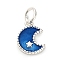 925 Sterling Silver Blue Enamel Pendants, with Jump Rings and 925 Stamp, Silver Color Plated, Moon, 15.5x8.5x1.5mm, Hole: 3.5mm