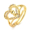 Heart with Letter Rack Plating Brass Micro Pave Clear Cubic Zirconia Adjustable Rings for Women, Lead Free & Cadmium Free, Real 18K Gold Plated, Letter F, Inner Diameter: 16mm