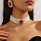 Oval Brass & Glass & Plastic Pearl Beaded Chain Collar & Stud Earrings Sets, Red, 280mm