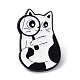 虫眼鏡エナメルピンが付いた漫画スタイルの猫  男性女性のための黒の合金バッジ  ホワイト  26x18x1.5mm JEWB-Q041-01B-1