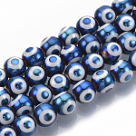 Chapelets de perles en verre électroplaqué, rond avec motif de mauvais œil, bleu acier, 8x7.5mm, Trou: 1.2mm, Environ 40 pcs/chapelet, 12.2 pouce