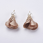 Nylon Pendant Decorations, with Iron Findings, and Acrylic Pearl Beads, Flower, Light Gold, Coffee, 30x27mm, Hole: 2mm
