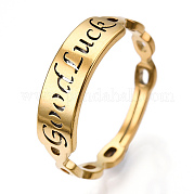 Ionenplattierung (IP) 304 verstellbarer Ring aus Edelstahl mit Wort „Glück“ für Damen RJEW-T027-13G
