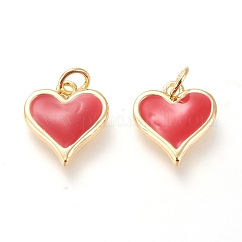 Echte 18 Karat vergoldete Messing Charms, cadmiumfrei und bleifrei, mit Emaille und Biegeringen, langlebig plattiert, Herz, rot, 14x13x2.8 mm, Sprungring: 5x1 mm, 3 mm Innen Durchmesser