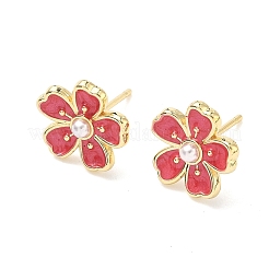 Серьги-гвоздики с цветочным рисунком из латуни и АБС-пластика с жемчугом&nbsp;EJEW-P336-07G-02