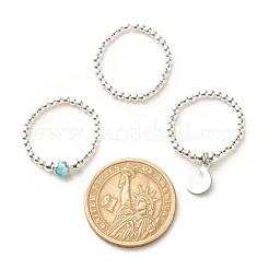 3 Uds. 3 anillos elásticos con cuentas de hematita sintética y jade blanco natural con colgante de luna creciente&nbsp;RJEW-JR00469-01