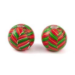 印刷された天然木のヨーロッパのビーズ  大穴ビーズ  クリスマスのテーマ模様でラウンド  グリーン  16mm  穴：4mm&nbsp;WOOD-C015-07B
