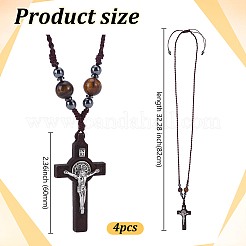 4 collana con ciondolo a croce in legno e perlina rotonda in occhio di tigre naturale e perlina in ematite sintetica&nbsp;NJEW-HY00003