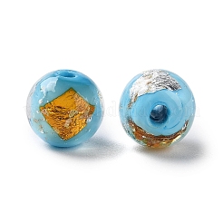 手作りのゴールド＆シルバーの箔ランプワークビーズ  ラウンド  ライトスカイブルー  12mm  約33個/連  14.5インチ&nbsp;GLAA-G107-07A-13