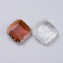 K9ガラスチャーム  真鍮パーツ  多面カット  菱形  プラチナ  ミックスカラー  32x28x7~8mm  穴：2mm&nbsp;X-GLAA-T002-02-M