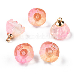 透明スプレー塗装ガラスチャーム  ライトゴールドメッキ真鍮パーツ  ツートン  花  ピンク  14x13x13mm  穴：2mm&nbsp;GLAA-N035-031-G03