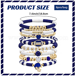 ラグビーポリマークレイヘイシ＆CCBプラスチックビーズストレッチブレスレットセット（8個、1袋）  女性用合金チャームジュエリー  ゴールドカラー  ダークブルー  内径：2.36インチ（6cm）&nbsp;BJEW-PA0001-12B