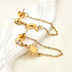 Серьги-гвоздики с кисточками из нержавеющей стали 304 с микропаве из прозрачных кубических цирконий и луной и солнцем&nbsp;EJEW-B140-04G