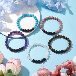 丸い天然溶岩石と宝石ビーズのストレッチブレスレット  内径：2-1/8インチ（5.4cm）&nbsp;BJEW-JB10869