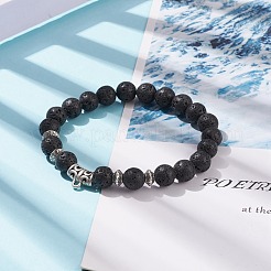 Bracciale elasticizzato in roccia lavica naturale con tubo in lega di perline&nbsp;BJEW-JB08322-01