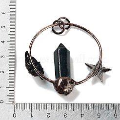 天然黒曜石のファセット加工された尖った弾丸の大きなペンダント  星と月と丸カンが付いた真鍮リングチャーム  赤銅鉱  47~49x52.5x9.5~10mm  穴：6.6mm&nbsp;G-A221-01A