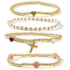 4 шт. Набор эластичных браслетов в богемном пляжном стиле с круглыми латунными бусинами в форме сердца&nbsp;ZQ1331-1