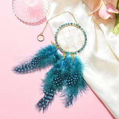 天然アパタイト織りネット/ウェブ、羽の壁掛け装飾付き  真鍮のパーツと  ホームオフィスのお守りの飾り  240~290x57x4mm&nbsp;HJEW-JM01222-02