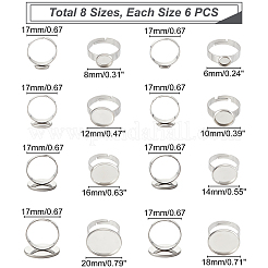 48個 8スタイル調節可能 304ステンレススチール製指輪部品  パッドリングベースパーツ  フラットラウンド  ステンレス鋼色  トレイ：6~20.5mm  内径：17~18mm  6個/スタイル&nbsp;STAS-DC0004-37