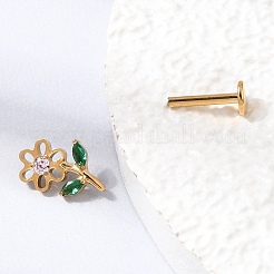 F136 Titan-Pavé-Lippenpiercings mit rosa und grünen Zirkoniablüten und Innengewinde&nbsp;ME-CBA9828-04G