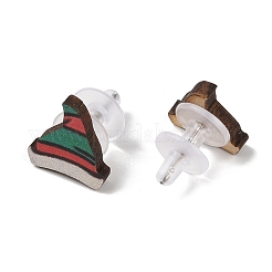 Серьги-гвоздики из дерева на рождественскую тематику EJEW-U016-06P-03