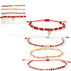 4 шт. Регулируемый плетеный браслет из натуральных смешанных драгоценных камней и стеклянных пластин&nbsp;VI8109-2