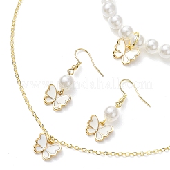 合金エナメル蝶チャームネックレス＆ダングルイヤリング＆ABSプラスチック模造真珠ビーズブレスレットセット  女性用ジュエリーセット  ホワイト  380mm&nbsp;SJEW-JS01315-03