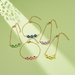 トリプルイービルアイレジンリンクブレスレット  女性のための金メッキ真鍮ジュエリー  ミックスカラー  7-1/4インチ（18.5cm）&nbsp;BJEW-JB08628