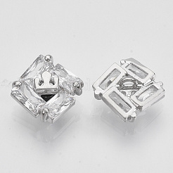 真鍮シャンクボタン  マイクロパヴェキュービックジルコニア付き  正方形  透明  プラチナ  10x10x6mm  穴：1.4mm&nbsp;BUTT-S025-042
