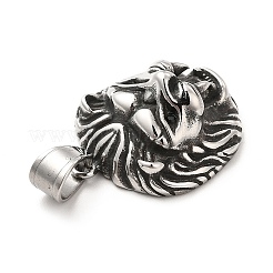 304ステンレスペンダント  ジェットラインストーン付き  ライオンのチャーム  アンティークシルバー  28x24x12.5mm  穴：9x5.5mm&nbsp;STAS-K243-05AS