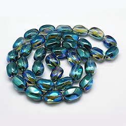 フルレインボーメッキクリスタルガラスオーバルビーズ連売り  ティール  21x13mm  穴：1mm&nbsp;LS-EGLA-F026-A06