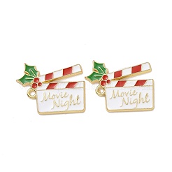 クリスマステーマラックメッキ合金エナメルペンダント  ライトゴールドトーンのカチンコ、ヒイラギとワードの映画の夜のチャーム付き  ホワイト  18.5x23x1.5mm  穴：1.6mm&nbsp;PALLOY-O109-36LG