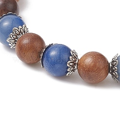 Braccialetto elastico con perline rotonde in legno e avventurina blu naturale tinta e riscaldata per le donne&nbsp;BJEW-JB09379