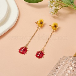 Серьги-гвоздики в виде божьей коровки из сплава эмали с ромашками из смолы EJEW-JE05229