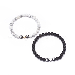 2 個 2 スタイル天然溶岩 & ハウライト ストレッチ ブレスレット セット  heart & word m and f アクリル ビーズ カップル ブレスレット ベスト フレンド 恋人  内径：2~2-3/8インチ（5.2~6cm）  1個/スタイル&nbsp;BJEW-JB08672