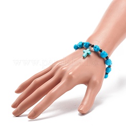 Bracelet extensible en perles de crâne de jade mashan naturel avec breloque croisée en turquoise synthétique (teinte)&nbsp;BJEW-JB08378-04
