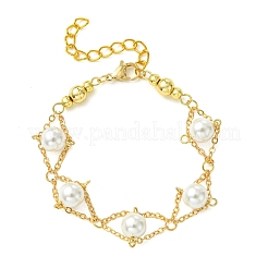 Bracelets pour femmes en laiton avec perles rondes blanches en coquillage et maillons.&nbsp;BJEW-JB14188