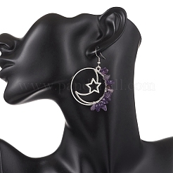 Серьги-подвески из сплава натурального аметиста в форме луны со звездой EJEW-JE06804-01