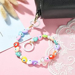 アクリル＆レジンハート、ナザールボンジュウビーズバッグストラップ付き  スプレー塗装された環境に優しい合金スプリングゲートリング付き  カラフル  34x1.4cm&nbsp;AJEW-BA00108