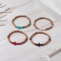 Кокосовый и окрашенный крестом синтетический бирюзовый эластичный браслет из бисера для мужчин и женщин BJEW-JB09293