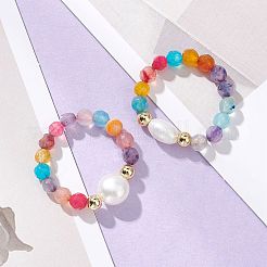 Регулируемые кольца с натуральным культивированным пресноводным жемчугом и натуральным агатом&nbsp;RJEW-JR00967