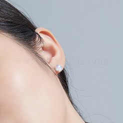 フラット ラウンド ロジウム メッキ 925 スターリング シルバー スタッド イヤリング、女性用、合成夜光石付き  ブラック  プラチナ&nbsp;EJEW-BB72170-A