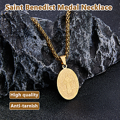 2 pz collana con ciondolo ovale in acciaio inossidabile con medaglia di San Benedetto e catena a grano&nbsp;NJEW-DC0001-20G