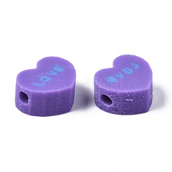 手作り樹脂粘土ビーズ  単語「love」付けのハート  紫色のメディア  8~8.5x9~9.5x4.5mm  穴：1.8mm&nbsp;CLAY-N008-032B