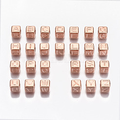 CCBプラスチックビーズ  水平穴  文字付きのキューブ  ローズゴールド  7x7x7mm  穴：3.5mm  約2000個/500g&nbsp;CCB-N004-001A-RG