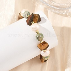 Bracelets extensibles en œil de tigre naturel brut et jaspe vert rond à lignes&nbsp;BJEW-JB14287-02