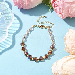 女性用ファセットロンデルガラス＆真鍮ビーズブレスレット  ゴールドカラー  7-1/4インチ（18.5cm）&nbsp;BJEW-JB10699