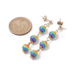樹脂ストライプビーズダングルスタッドピアス  304ステンレススチールロングドロップイヤリング  カラフル  53x8mm&nbsp;EJEW-JE05632