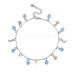 Chaîne de cheville ronde en acier inoxydable 201 avec pendentif en forme d'étoile de lune et de jade malaisien teinté naturel&nbsp;AJEW-AN00732-02